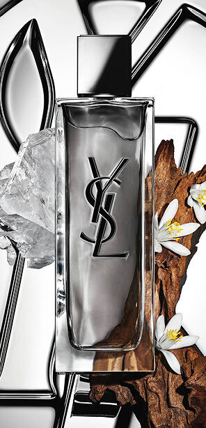 MYSLF Eau de Toilette Intense bottle by YSL Beauty surrounded by orange blossom, woods and white musk.