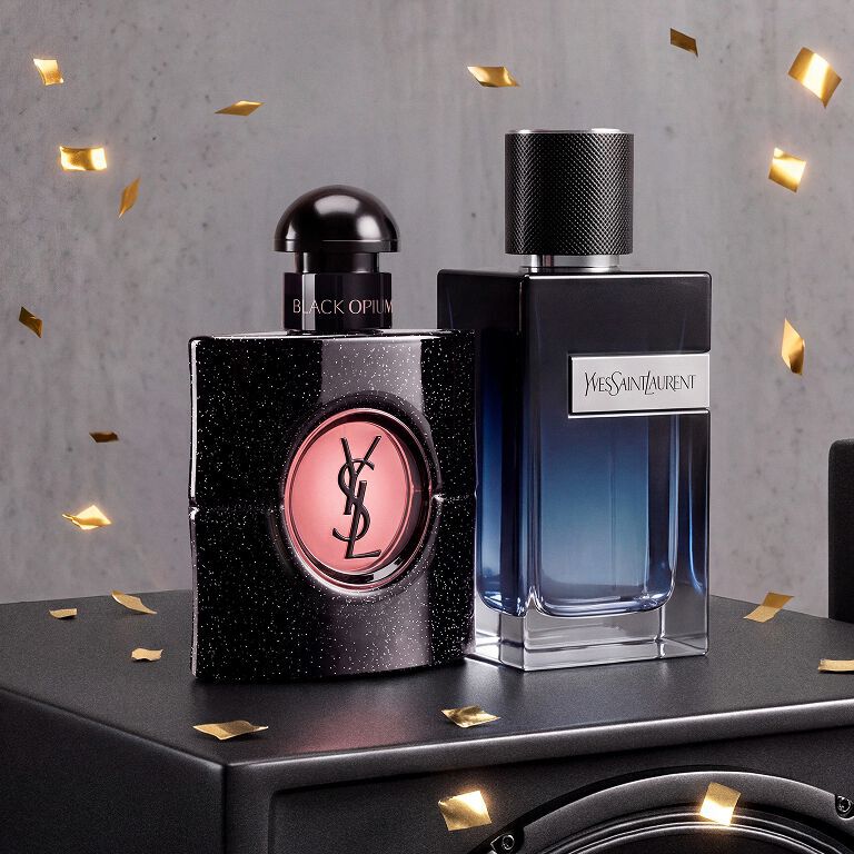 Pre-Black Friday teaser featuring YSL Black Opium and Y fragrances on a black display with gold confetti.