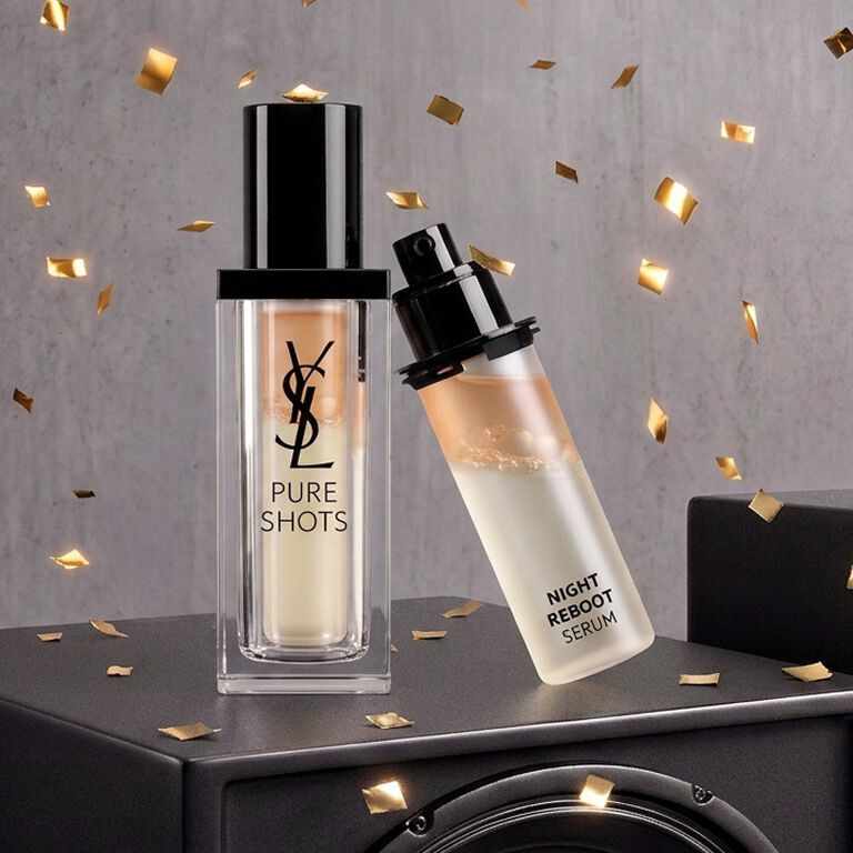 Pre-Black Friday teaser featuring YSL Pure Shots Night on a black display with gold confetti.
