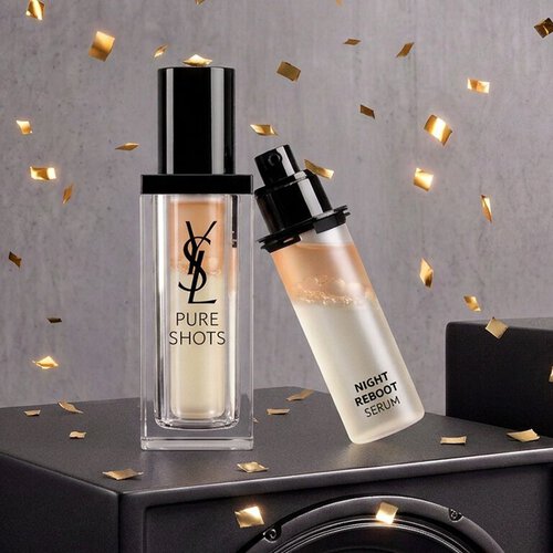 Pre-Black Friday teaser featuring YSL Pure Shots Night on a black display with gold confetti.