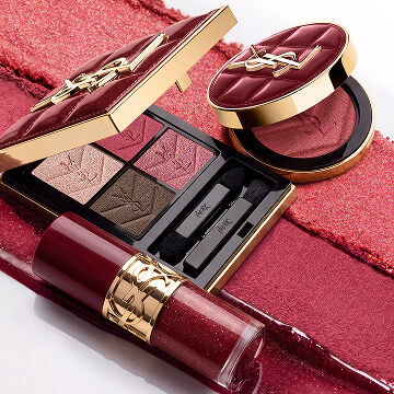 YSL Holiday makeup duo on burgundy texture strokes with palette and gloss