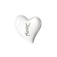 Glossy white heart CARE CRUSH Hand & Body serum-in-cream product with silver YSL logo. Chic skincare packshot.