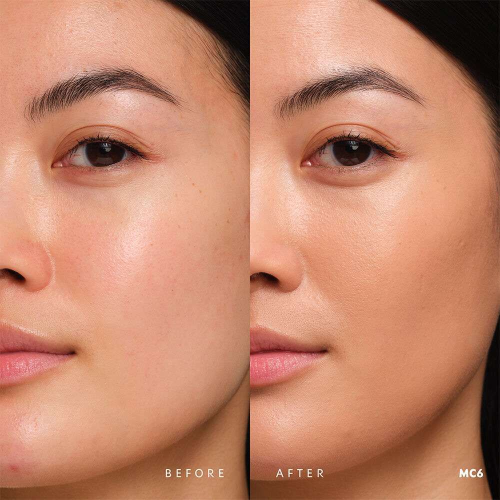 Before and after YSL SKIN AFFAIR SOFT GLOW CUSHION FOUNDATION MC6. Unified complexion with seamless radiant soft glow finish.