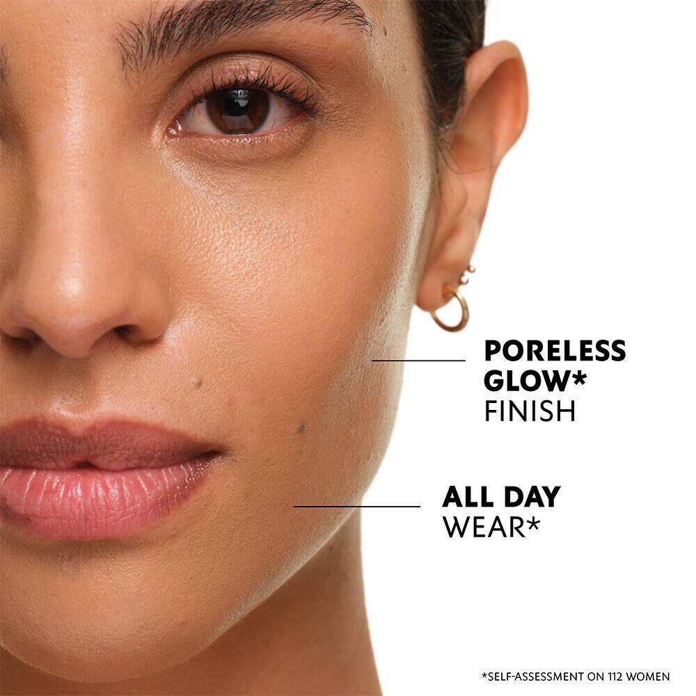 Close-up of smooth skin with lines pointing to "Poreless Glow* Finish" and "All Day Wear*". Bottom text reads: "*Self-assessment on 112 women".