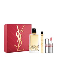 YSL Libre and Loveshine Spring Set with gift box, Libre Eau de Parfum 90 ml, 10 ml travel spray and mini Loveshine shade 44 on a white background.