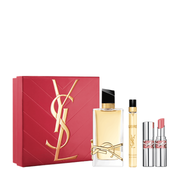 YSL Libre and Loveshine Spring Set with gift box, Libre Eau de Parfum 90 ml, 10 ml travel spray and mini Loveshine shade 44 on a white background.