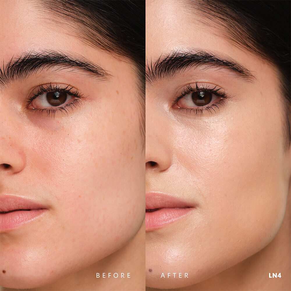Before and after YSL SKIN AFFAIR SOFT GLOW CUSHION FOUNDATION LN4. Unified complexion with seamless radiant soft glow finish.