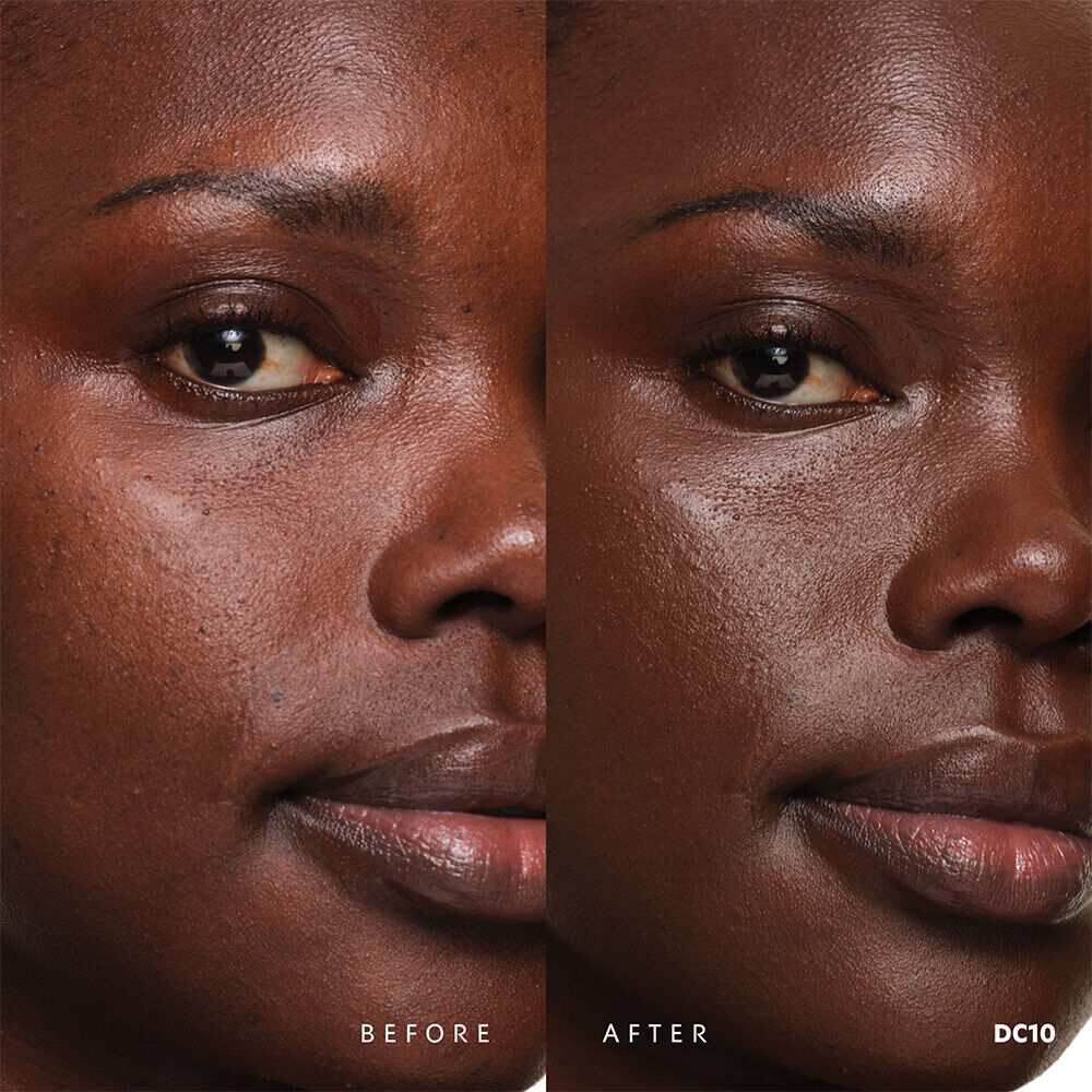 Before and after YSL SKIN AFFAIR SOFT GLOW CUSHION FOUNDATION DC10. Unified complexion with seamless radiant soft glow finish.