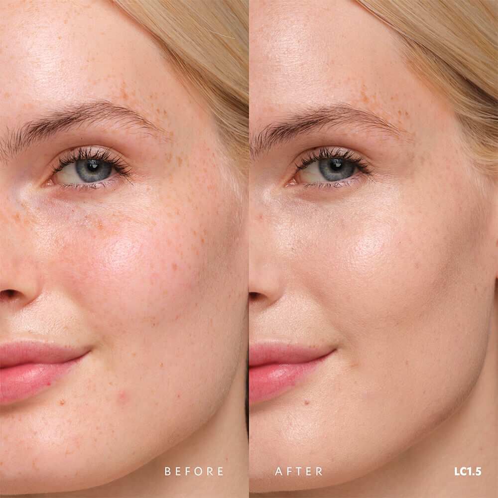 Before and after YSL SKIN AFFAIR SOFT GLOW CUSHION FOUNDATION LC1.5. Unified complexion with seamless radiant soft glow finish.