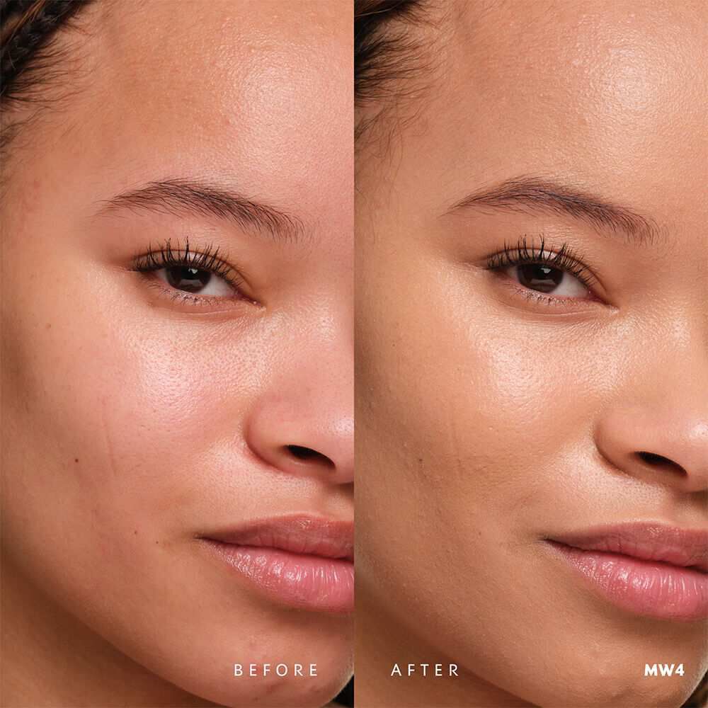 Before and after YSL SKIN AFFAIR SOFT GLOW CUSHION FOUNDATION MW4. Unified complexion with seamless radiant soft glow finish.