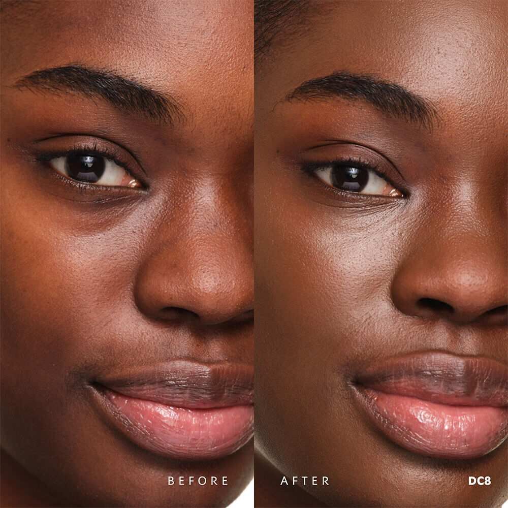 Before and after YSL SKIN AFFAIR SOFT GLOW CUSHION FOUNDATION DC8. Unified complexion with seamless radiant soft glow finish.