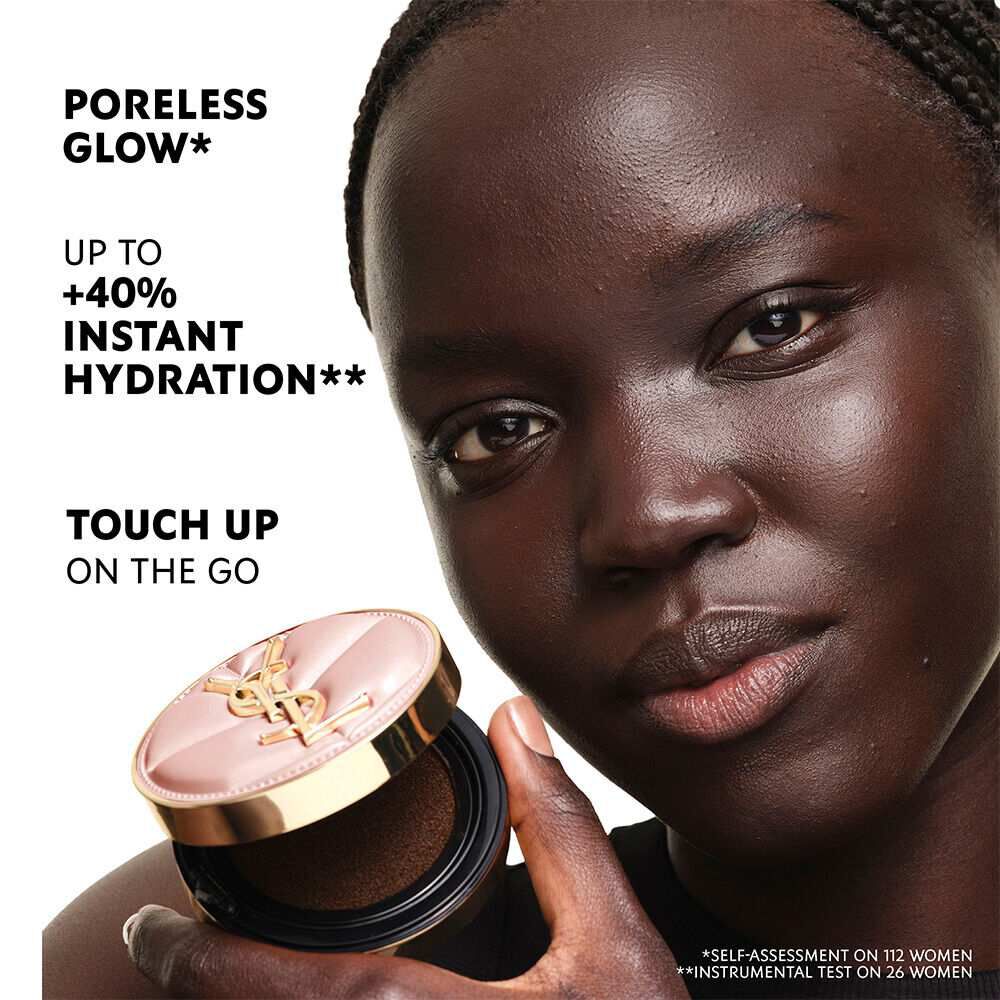 Model with deep skin holding YSL SKIN AFFAIR SOFT GLOW CUSHION. Poreless glow, +40% hydration and on-the-go touch ups.