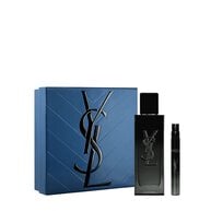 YSL MYSLF Eau de Parfum Duo Spring Set with blue gift box, MYSLF EDP 100 ml bottle and 10 ml travel spray on a white background.