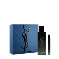 YSL MYSLF Eau de Parfum Duo Spring Set with blue gift box, MYSLF EDP 100 ml bottle and 10 ml travel spray on a white background.