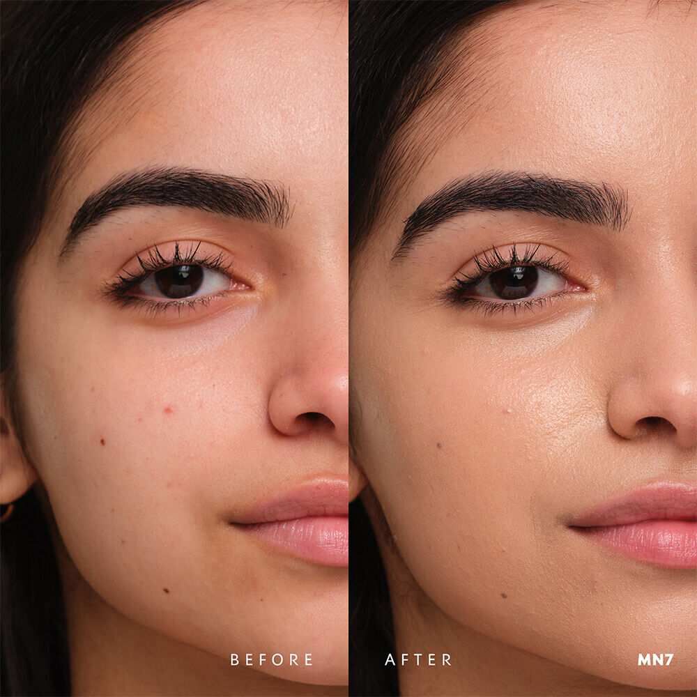 Before and after YSL SKIN AFFAIR SOFT GLOW CUSHION FOUNDATION MN7. Unified complexion with seamless radiant soft glow finish.