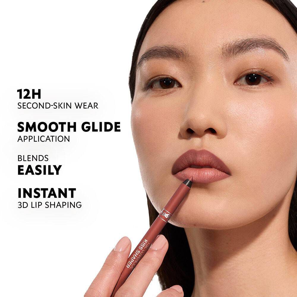 Model wearing YSL LOVENUDE KISS SHAPER with smooth matte nude lip finish.