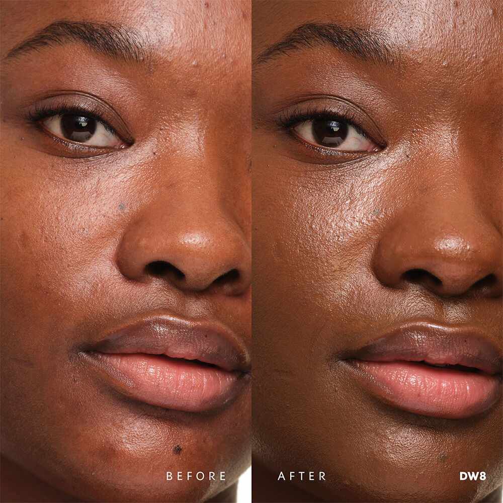Before and after YSL SKIN AFFAIR SOFT GLOW CUSHION FOUNDATION DW8. Unified complexion with seamless radiant soft glow finish.