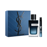 YSL Y Father's Day gift set: blue box, Y Eau de Parfum 100ml and 10ml bottles, fresh and bold fragrance.