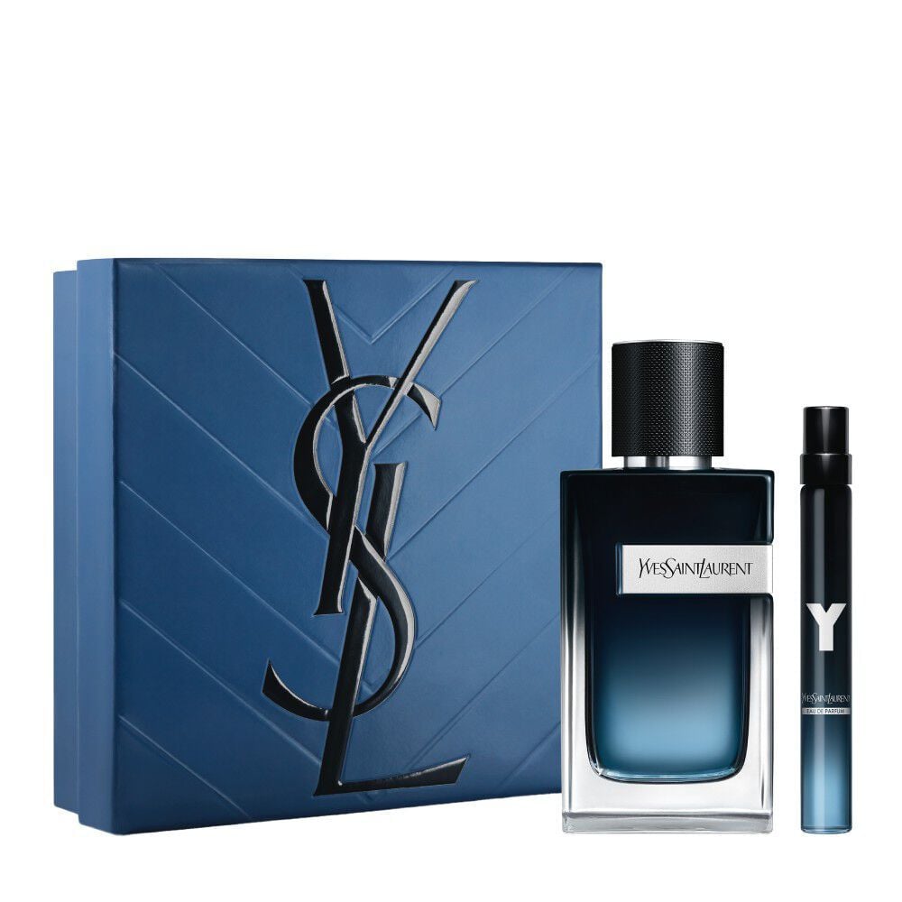 YSL Y Father's Day gift set: blue box, Y Eau de Parfum 100ml and 10ml bottles, fresh and bold fragrance.