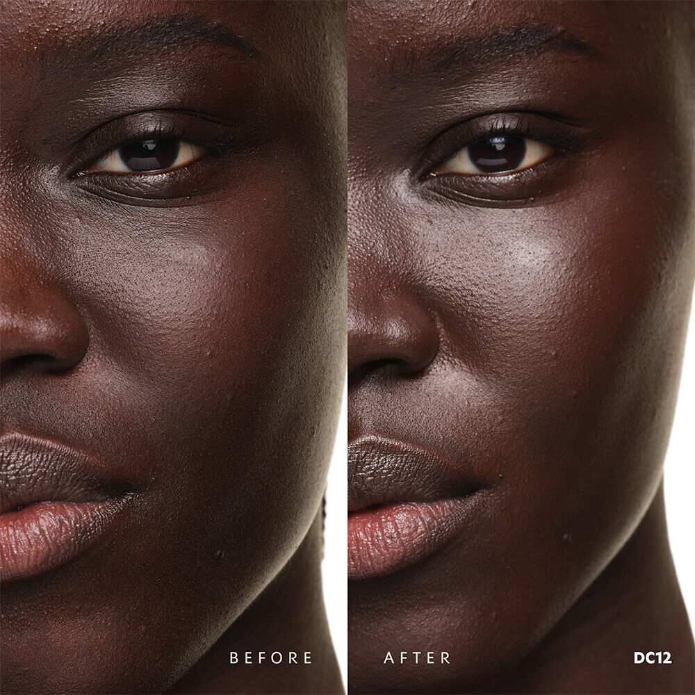 Before and after YSL SKIN AFFAIR SOFT GLOW CUSHION FOUNDATION DC12. Unified complexion with seamless radiant soft glow finish.