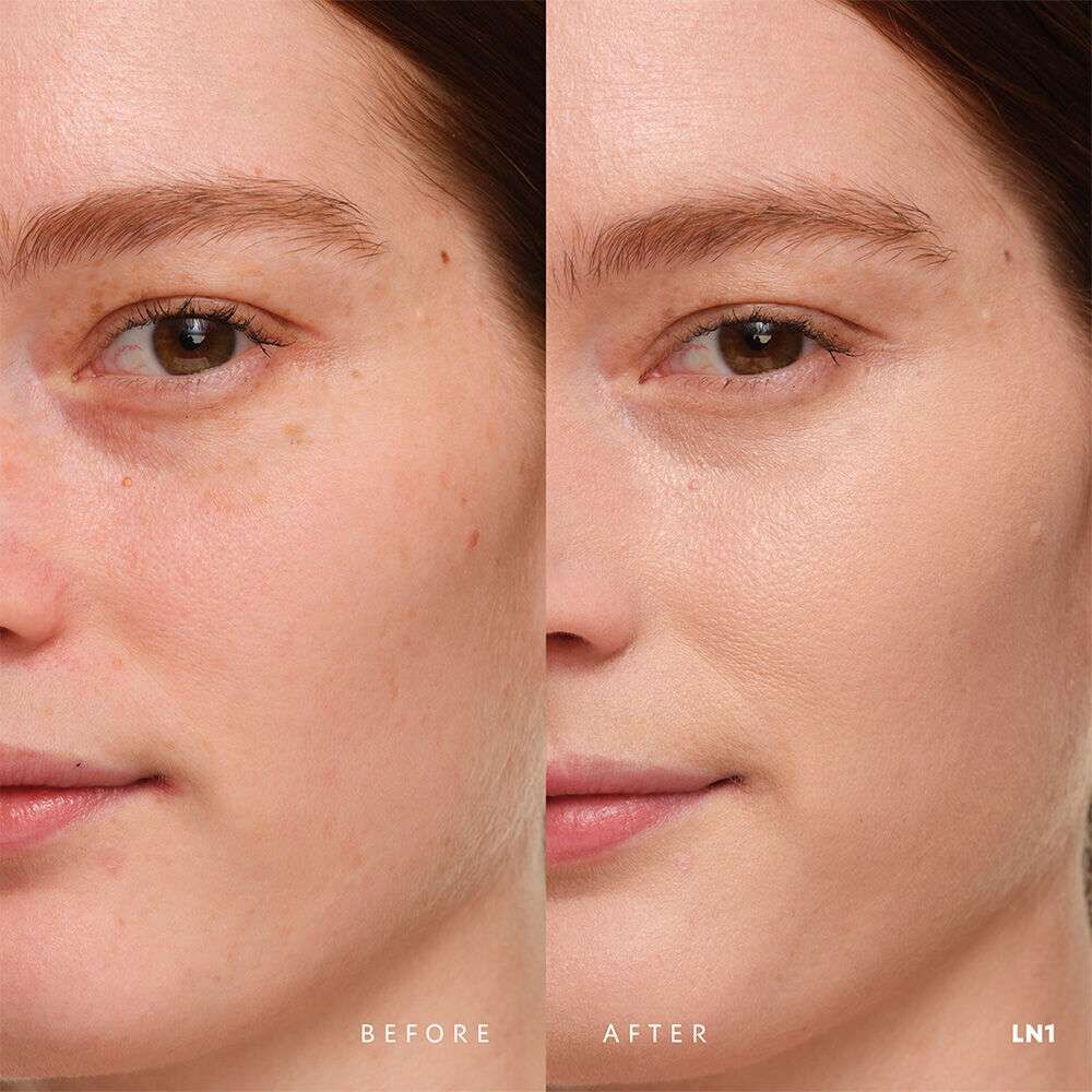 Before and after YSL SKIN AFFAIR SOFT GLOW CUSHION FOUNDATION LN1. Unified complexion with seamless radiant soft glow finish.