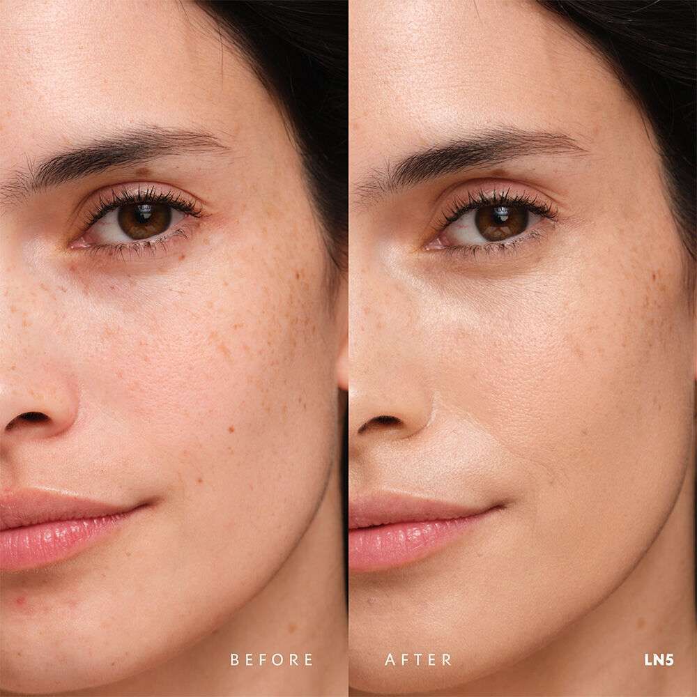 Before and after YSL SKIN AFFAIR SOFT GLOW CUSHION FOUNDATION LN5. Unified complexion with seamless radiant soft glow finish.