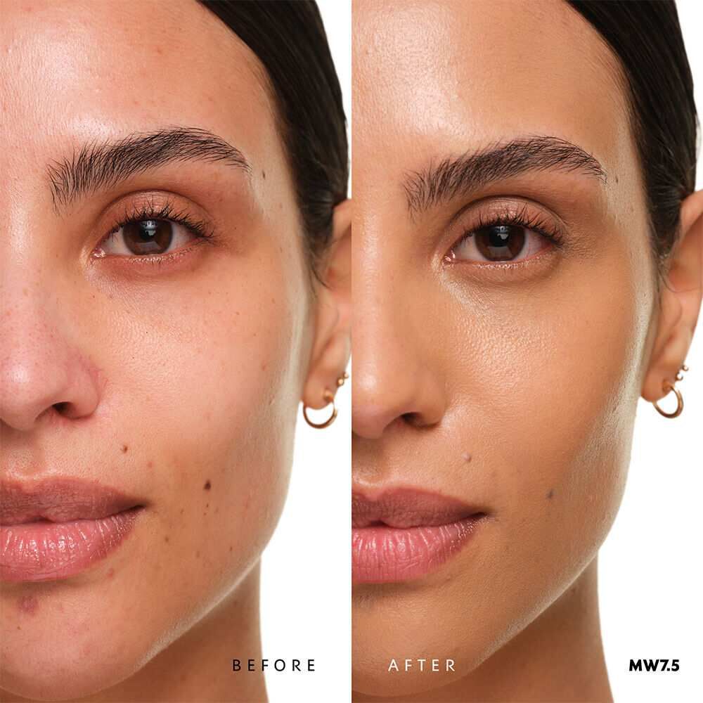 Before and after YSL SKIN AFFAIR SOFT GLOW CUSHION FOUNDATION MW7.5. Unified complexion with seamless radiant soft glow finish.