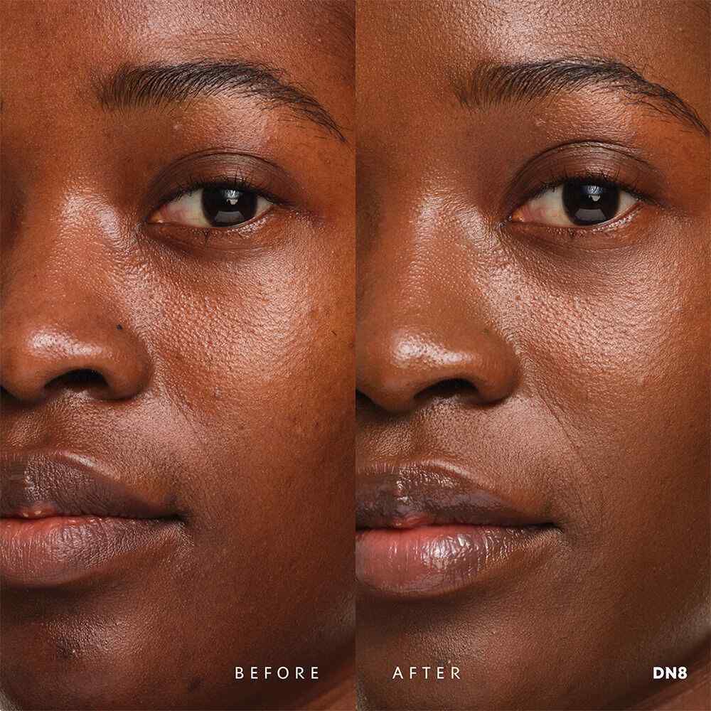Before and after YSL SKIN AFFAIR SOFT GLOW CUSHION FOUNDATION DN8. Unified complexion with seamless radiant soft glow finish.