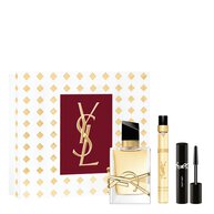 LIBRE Eau de Parfum Holiday set with full-size bottle, travel spray, and mini mascara in a YSL gift box. 