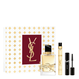 LIBRE Eau de Parfum Holiday set with full-size bottle, travel spray, and mini mascara in a YSL gift box.