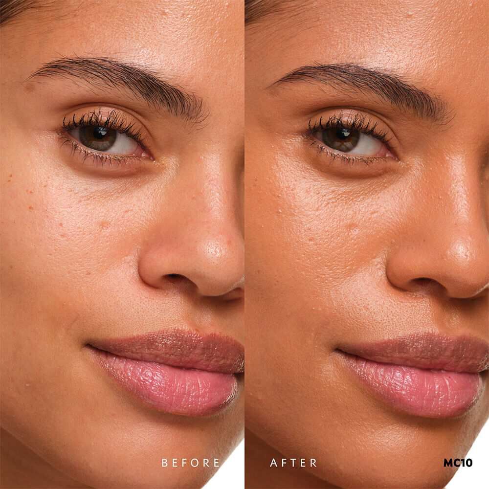 Before and after YSL SKIN AFFAIR SOFT GLOW CUSHION FOUNDATION MC10. Unified complexion with seamless radiant soft glow finish.
