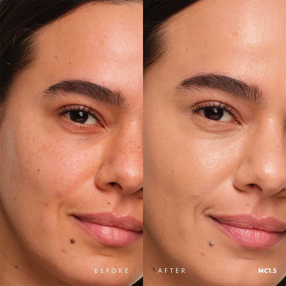 Before and after YSL SKIN AFFAIR SOFT GLOW CUSHION FOUNDATION MC1.5. Unified complexion with seamless radiant soft glow finish.
