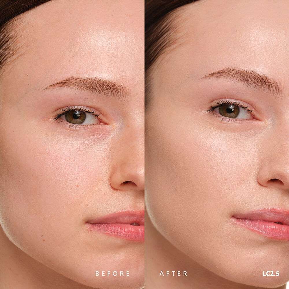 Before and after YSL SKIN AFFAIR SOFT GLOW CUSHION FOUNDATION LC2.5. Unified complexion with seamless radiant soft glow finish.