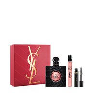 YSL Black Opium Trio Spring Set with gift box, Black Opium Eau de Parfum 50 ml, 10 ml travel spray and mini Lash Clash mascara on a white background.