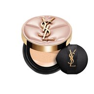 YSL SKIN AFFAIR SOFT GLOW CUSHION FOUNDATION. Pink quilted couture case with gold logo and black makeup puff.