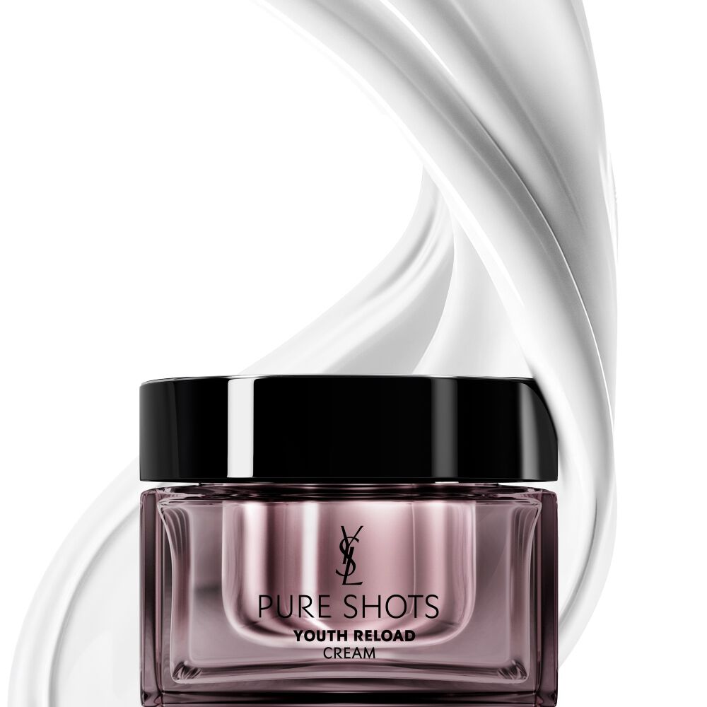 YSL Beauty Pure Shots Youth Reload cream jar, surrounded by a dynamic swirl of its luxurious texture.