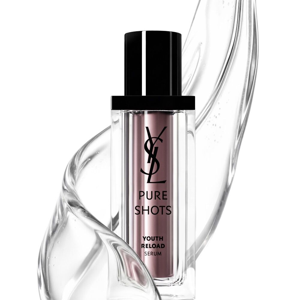 YSL Beauty Pure Shots Youth Reload Serum bottle, surrounded by a clear, dynamic swirl of its luxurious texture.