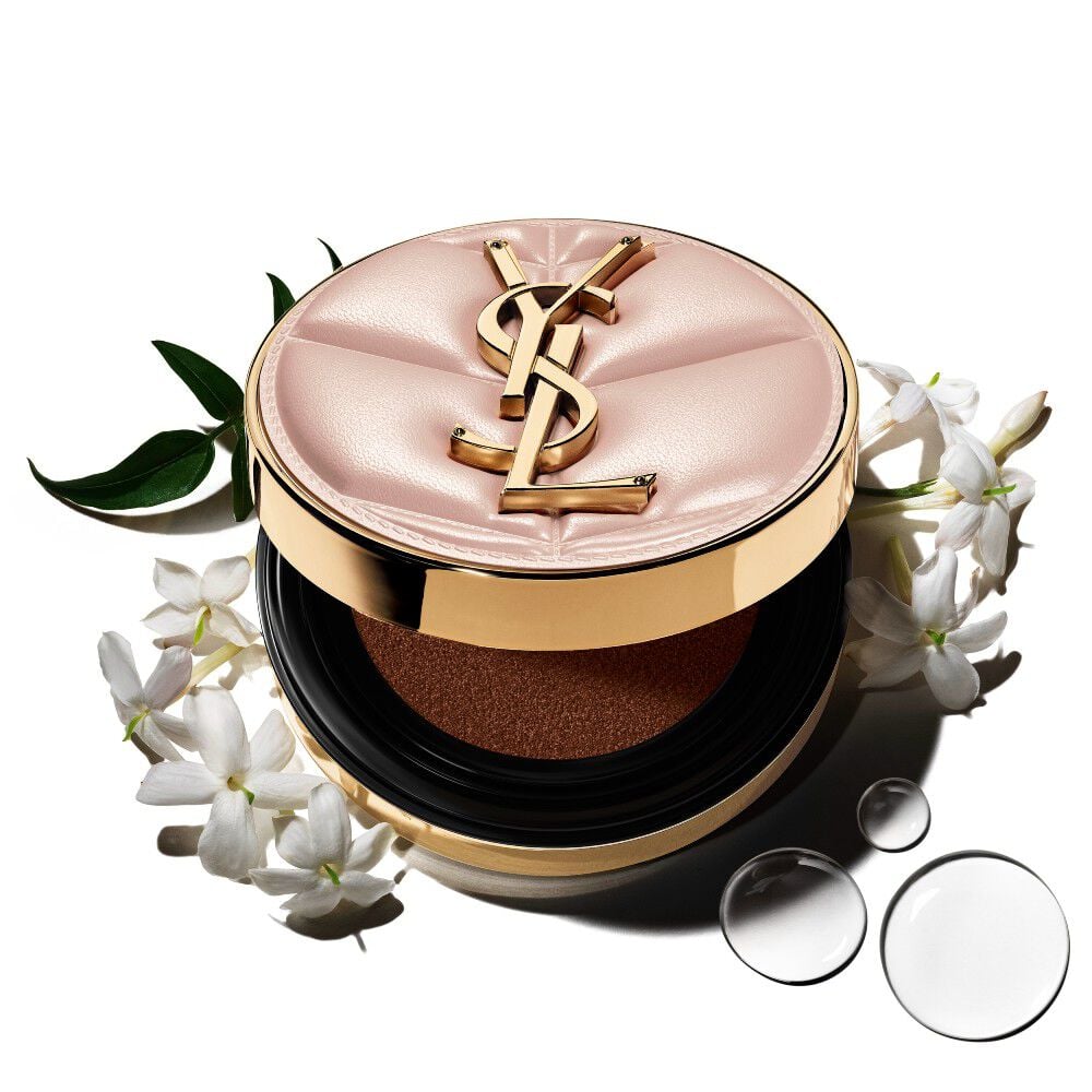 YSL SKIN AFFAIR SOFT GLOW CUSHION with jasmine petals and water drops. Serum-infused formula for instant hydration and glow.