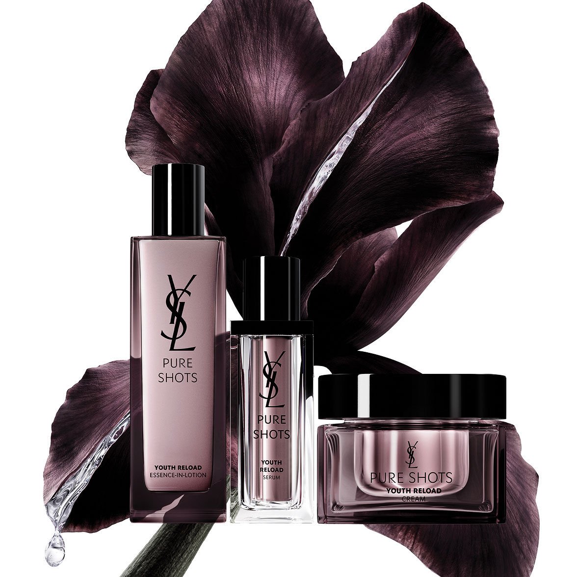YSL Beauty Pure Shots Youth Reload Essence-in-Lotion, Serum, Cream with iris flower.