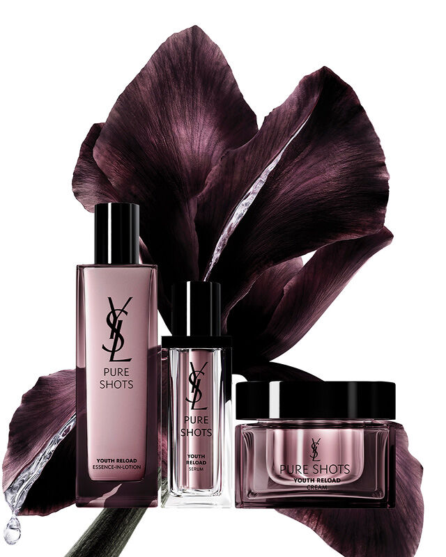 YSL Beauty Pure Shots Youth Reload Essence-in-Lotion, Serum, Cream with iris flower.
