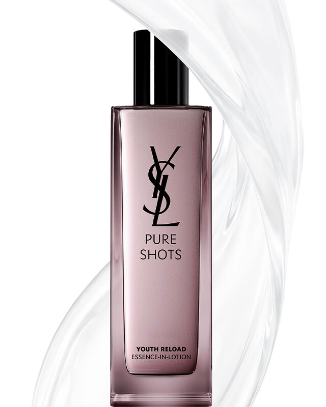 YSL Beauty Pure Shots Youth Reload Essence-in-Lotion bottle, surrounded by a clear, dynamic swirl of its texture.
