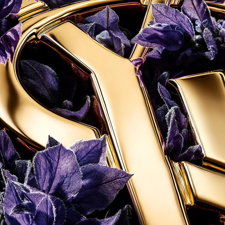 Close-up of the YSL Cassandre logo in polished gold surrounded by vibrant Diva lavender blossoms from France.