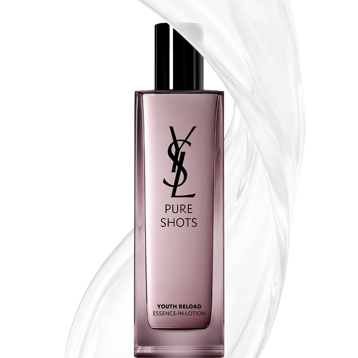 YSL Beauty Pure Shots Youth Reload Essence-in-Lotion bottle, surrounded by a clear, dynamic swirl of its texture.